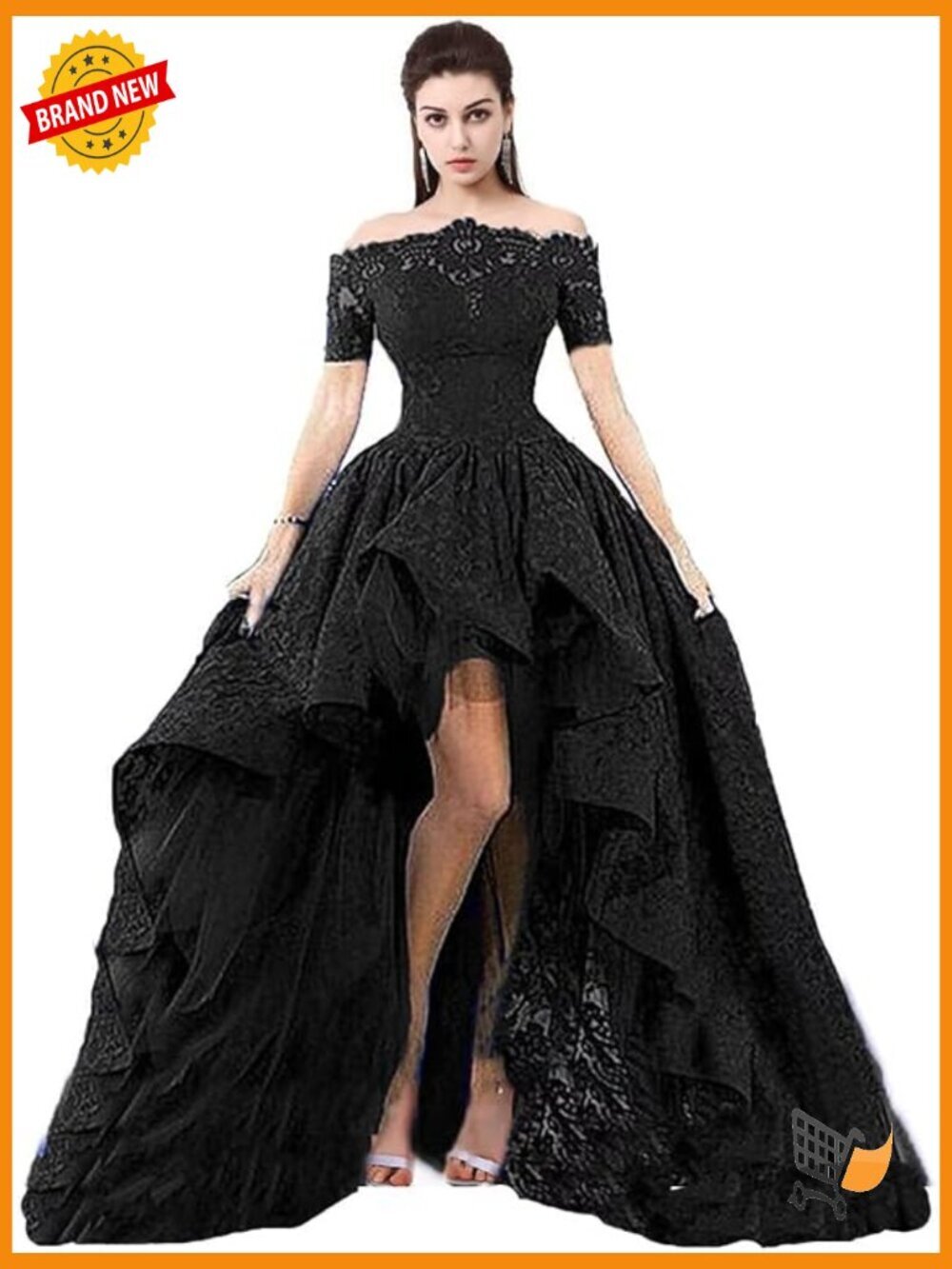 Off Shoulder High Low Lace Prom Dress Short Sleeve Formal Wedding Gown